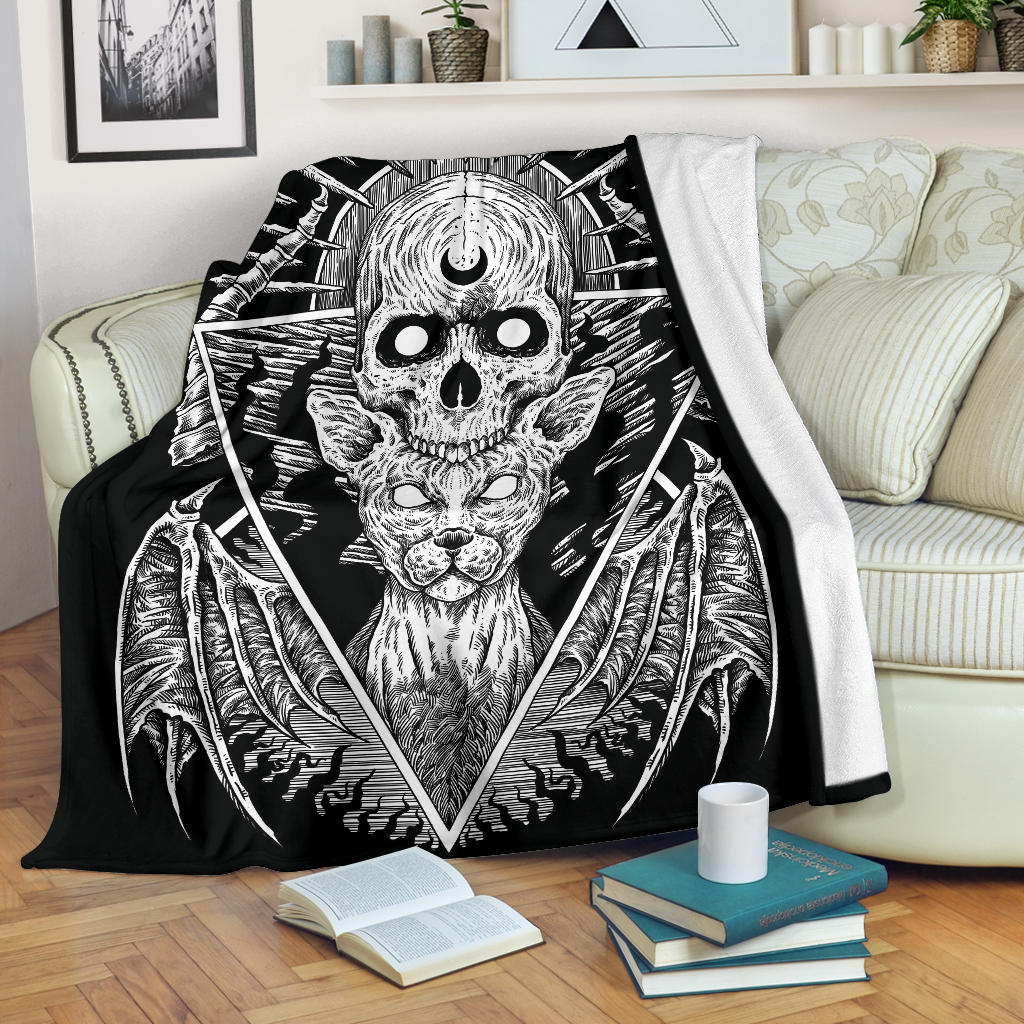 Gothic Skull Cat With Bat Wings Blanket Black And White Version