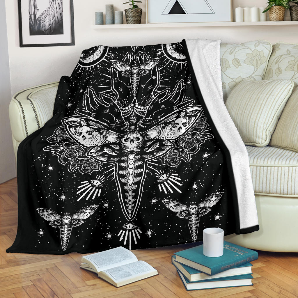 Skull Moth Secret Society Occult Style Blanket Black And White