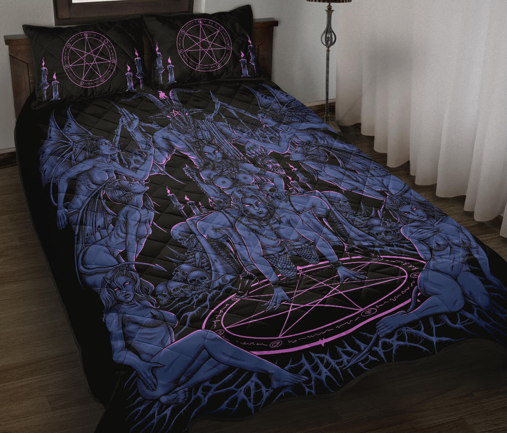 Skull Satanic Pentagram Batwing Demon Baphomet Savior Head Flesh Party 3 Piece Quilt Set Erotic Blue Pink