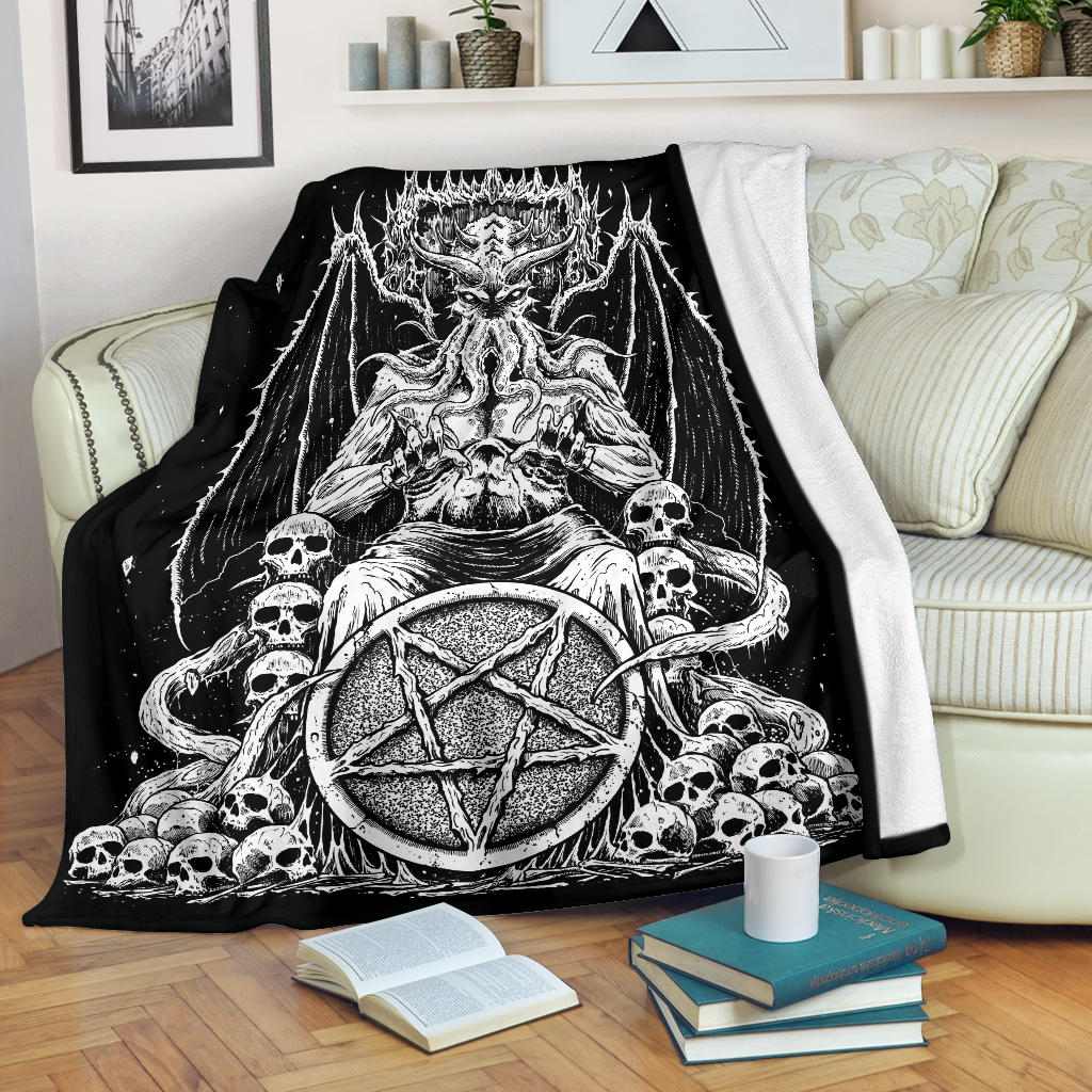 Skull Satanic Pentagram Bat Wing Demon Octopus Skull Throne Blanket