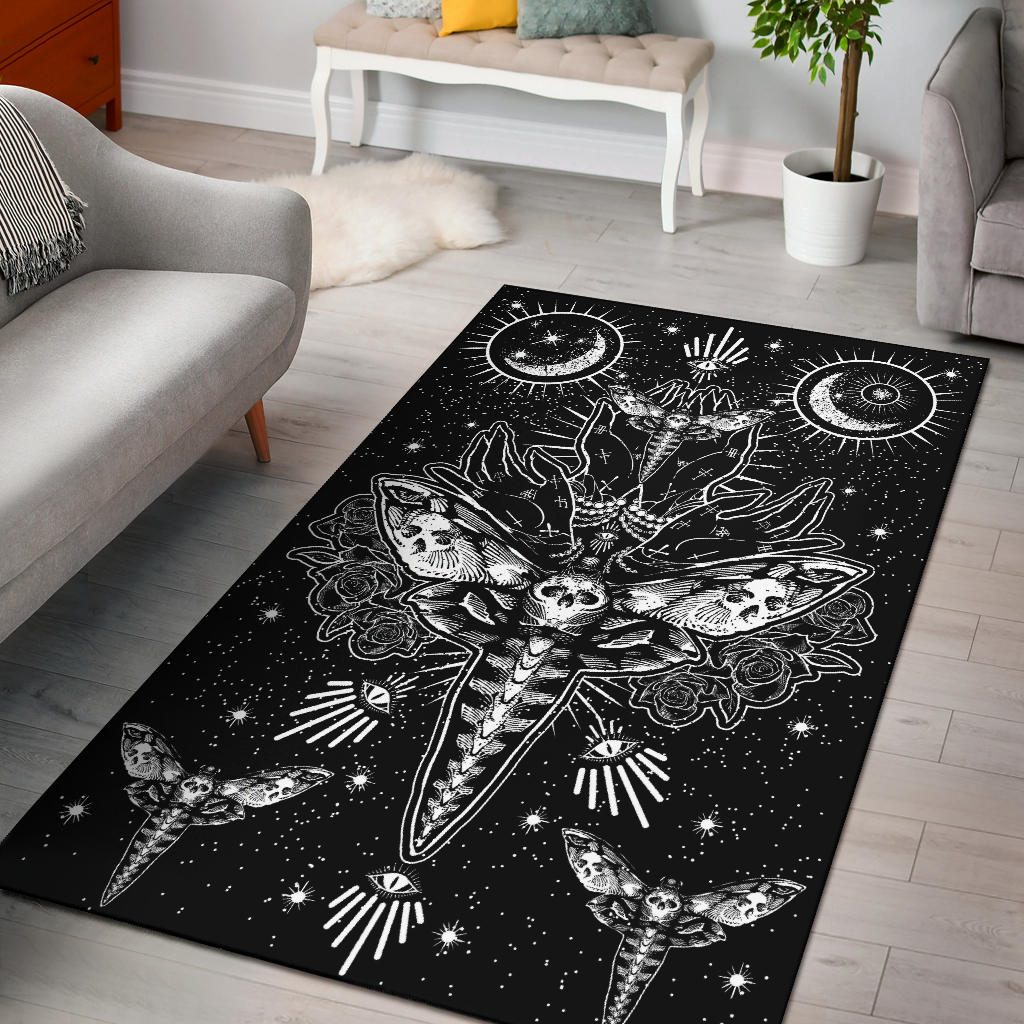 Skull Moth Secret Society Occult Style Area Rug Black And White Version