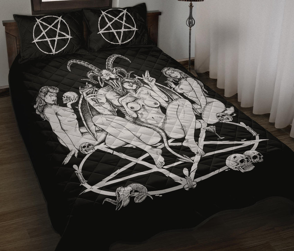 Skull Satanic Baphomet Goat Pentagram Lust God Naughty And Lovin It Cocktail Flesh Party Quilt 3 Piece Set Black And White Awesome Large Print