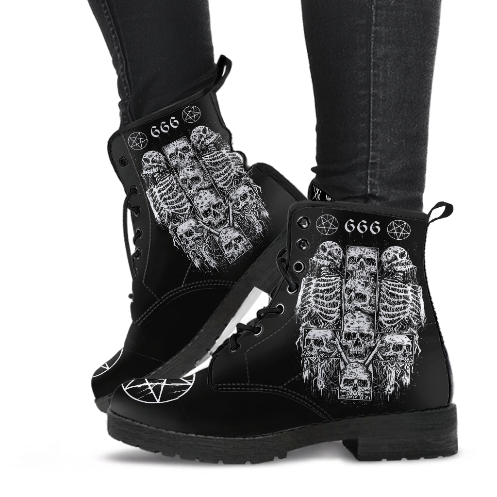 Skull Satanic Cross Satanic Pentagram 666 Leather Boots