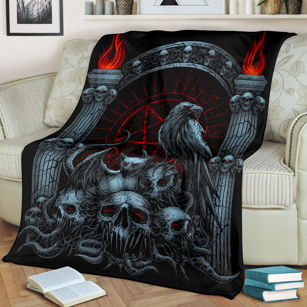 Skull Goth Occult Pentagram Batwing Demon Cat Blanket Color Version