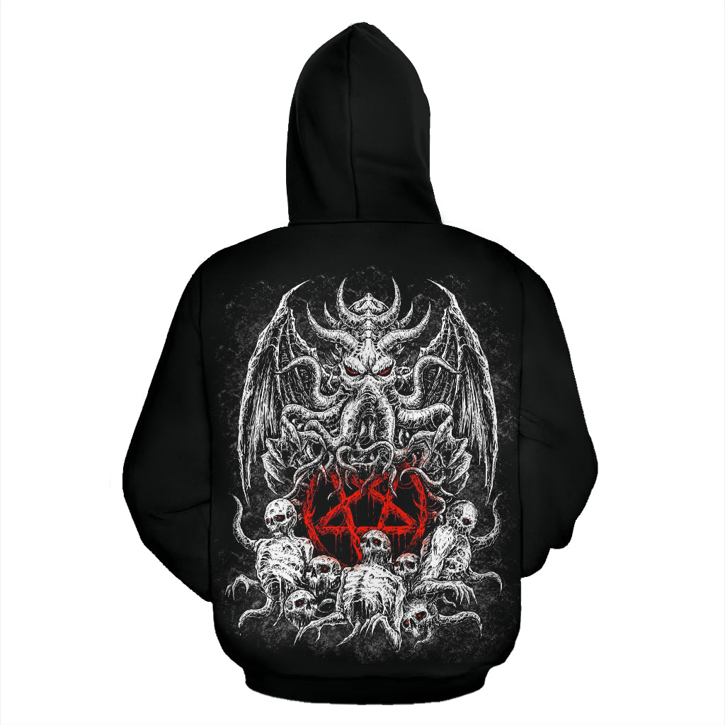 Skull Satanic Pentagram Demon Octopus Hoodie Black And White Red Pentagram