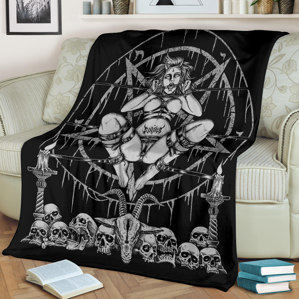 Skull Demon Satanic Baphomet Goat Satanic Pentagram Chained To Sin And Lovin It Blanket Black And White