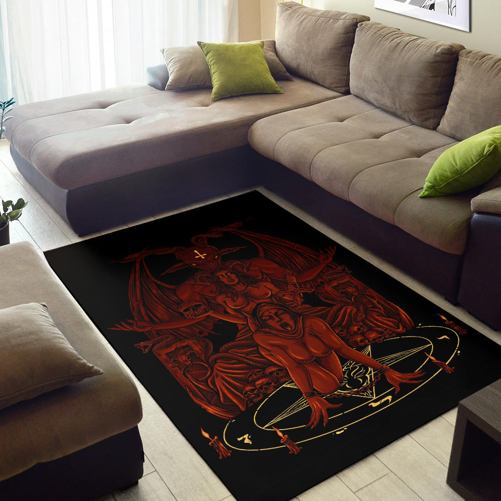 Skull Baphomet Serpent Satanic Pentagram Demon Inception Throne Area Rug Red Flame