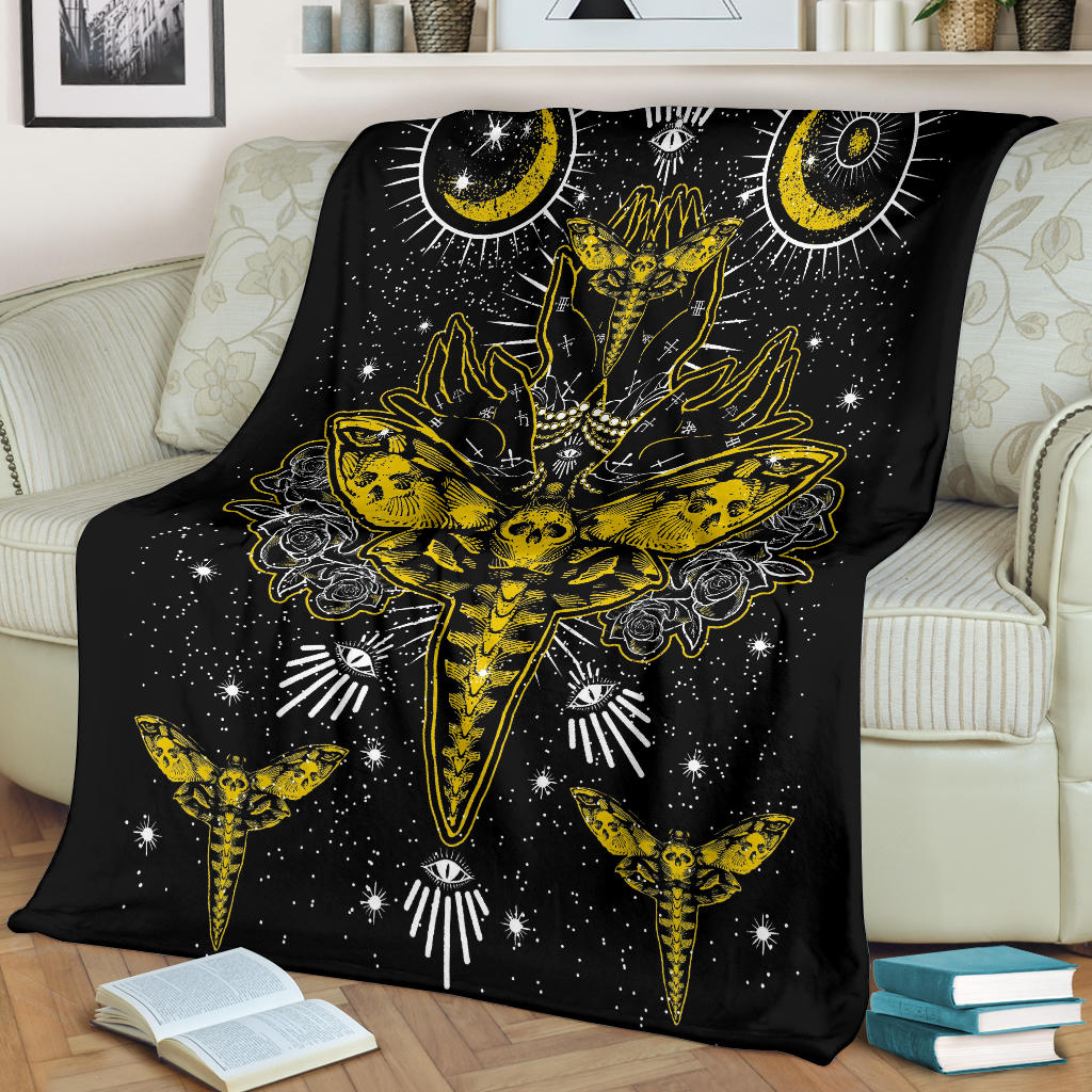 Skull Moth Secret Society Occult Style Blanket Black And White yellow