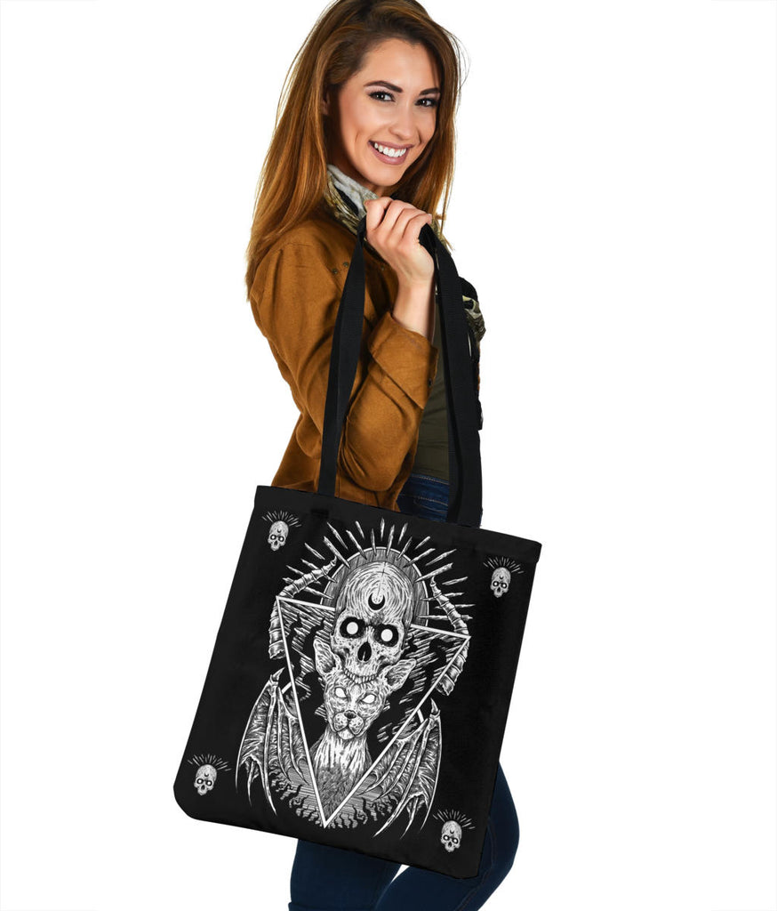 Skull Gothic Bat Wing Cat Large Tote Bag Black And White Version