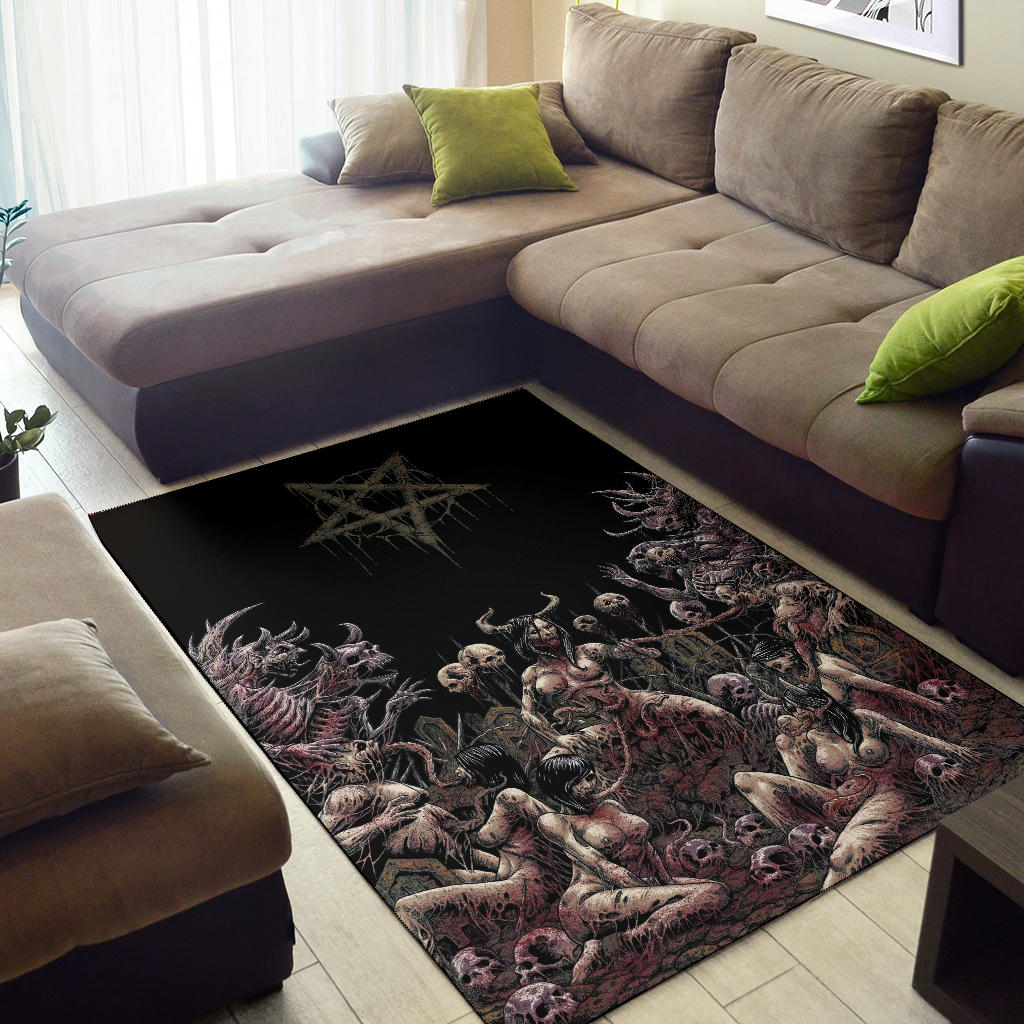 Skull Satanic Pentagram Demon Nymphomania And Loving It Area Rug Color Version