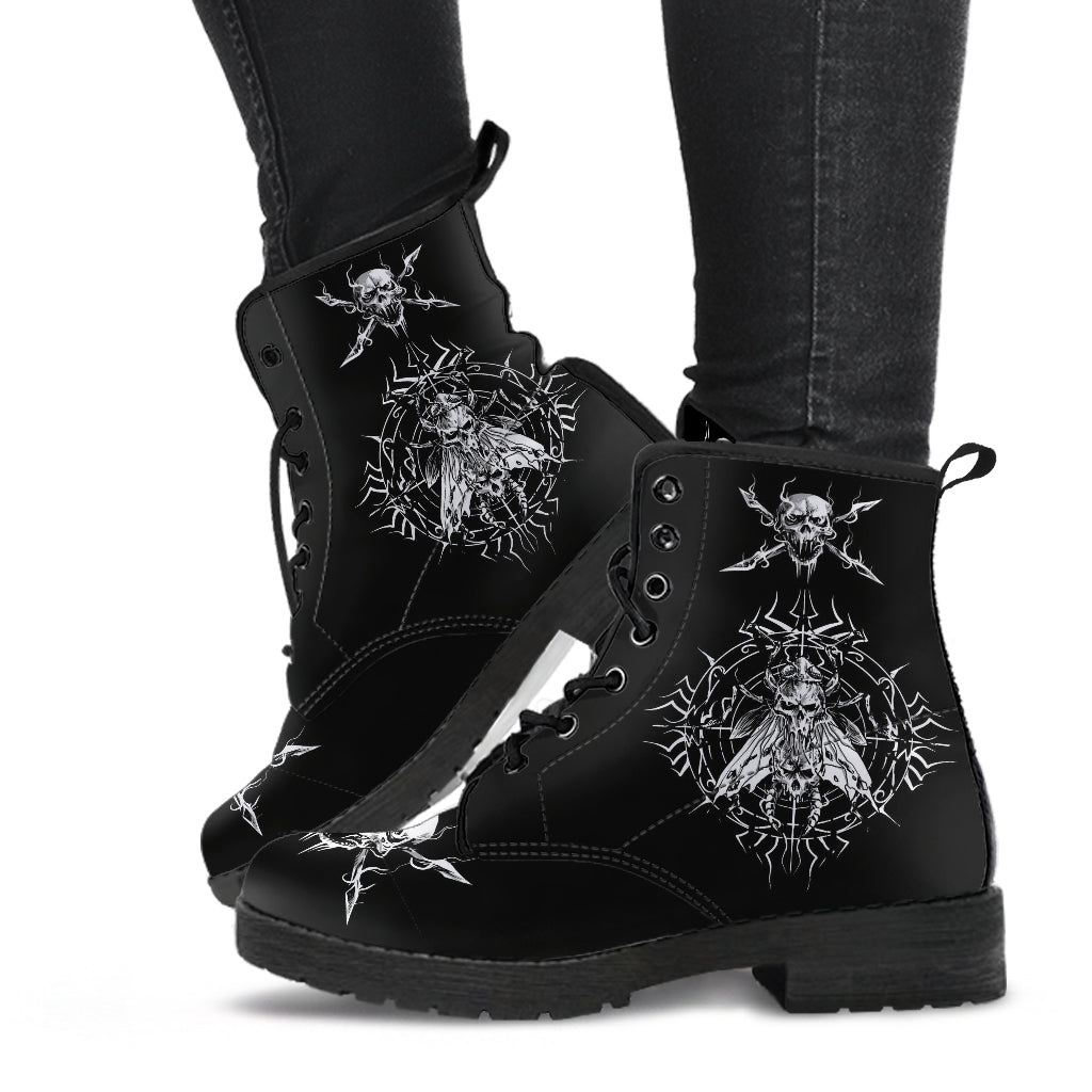 Skull Goth Fly Leather Boots Small Fly Version Black And White