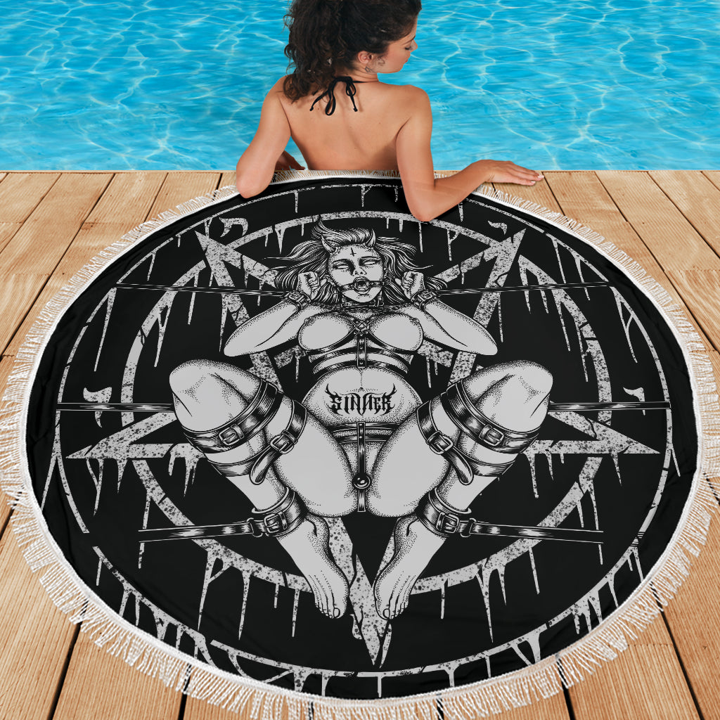 Satanic Pentagram Demon Chained To Sin And Lovin It Beach Blanket Black And White