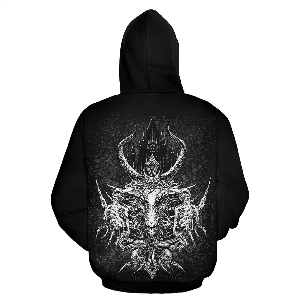 Skull Satanic Crowned Goat Satanic Cross Satanic Pentagram Night Church Hoodie Black And White