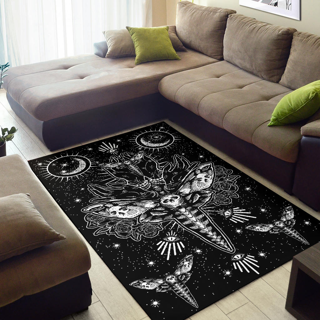 Skull Moth Secret Society Occult Style Area Rug Black And White Version