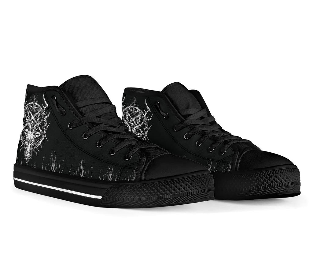 Skull Satanic Goat Satanic Pentagram Serpent Smoke Color Flame All Black And White High Tops