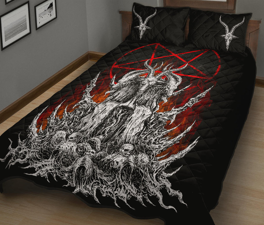 Skull Satanic Goat Satanic Pentagram Flame Quilt 3 Piece Set Large Flame Version