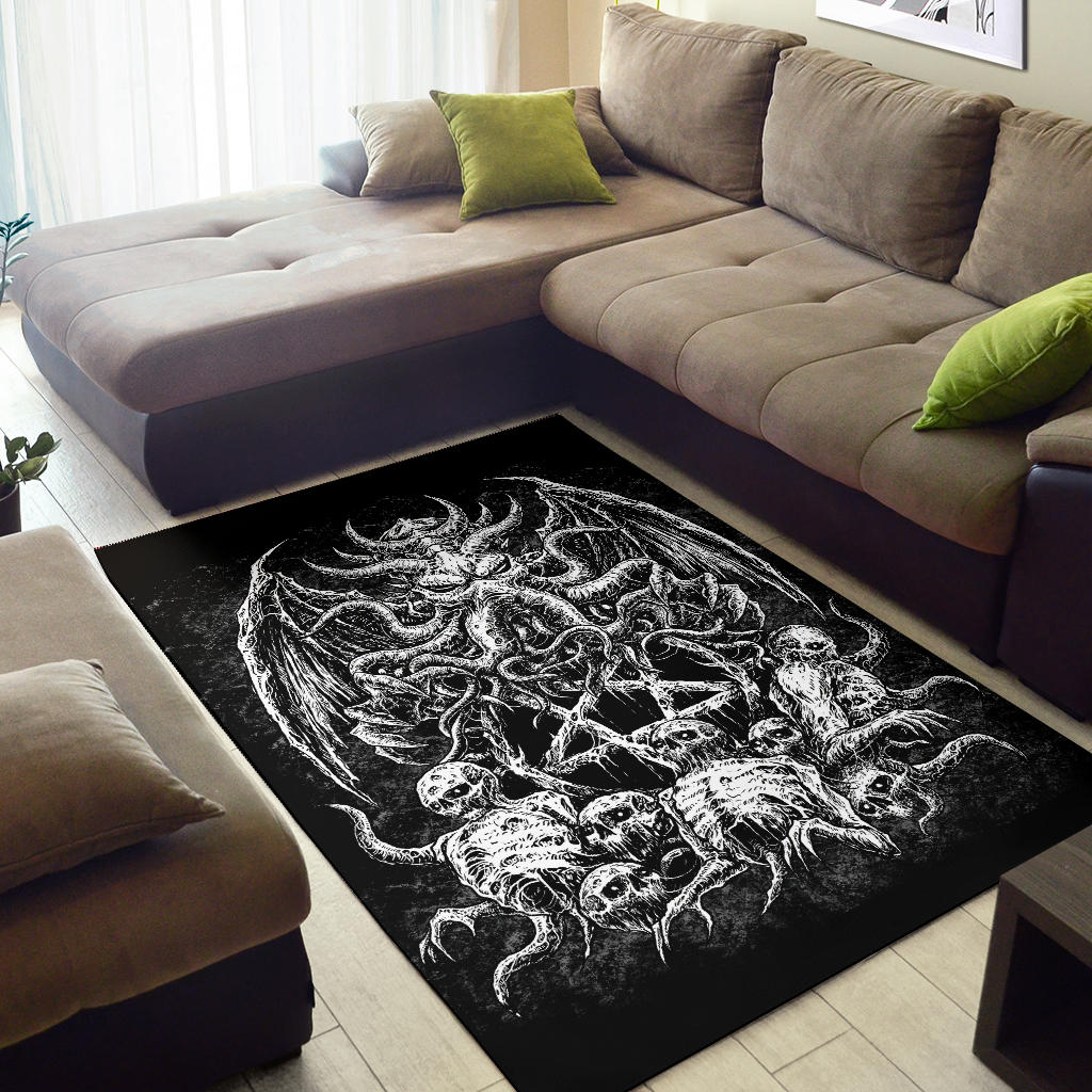 Skull Skeleton Demon Octopus Satanic Pentagram Area Rug Black And White Version