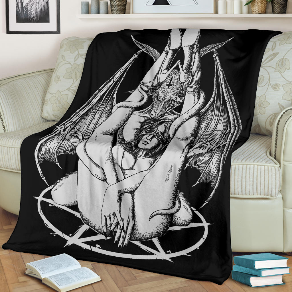 Satanic Pentagram Satanic Cross Serpent Bat Wing Demon Inception Blanket Black And White