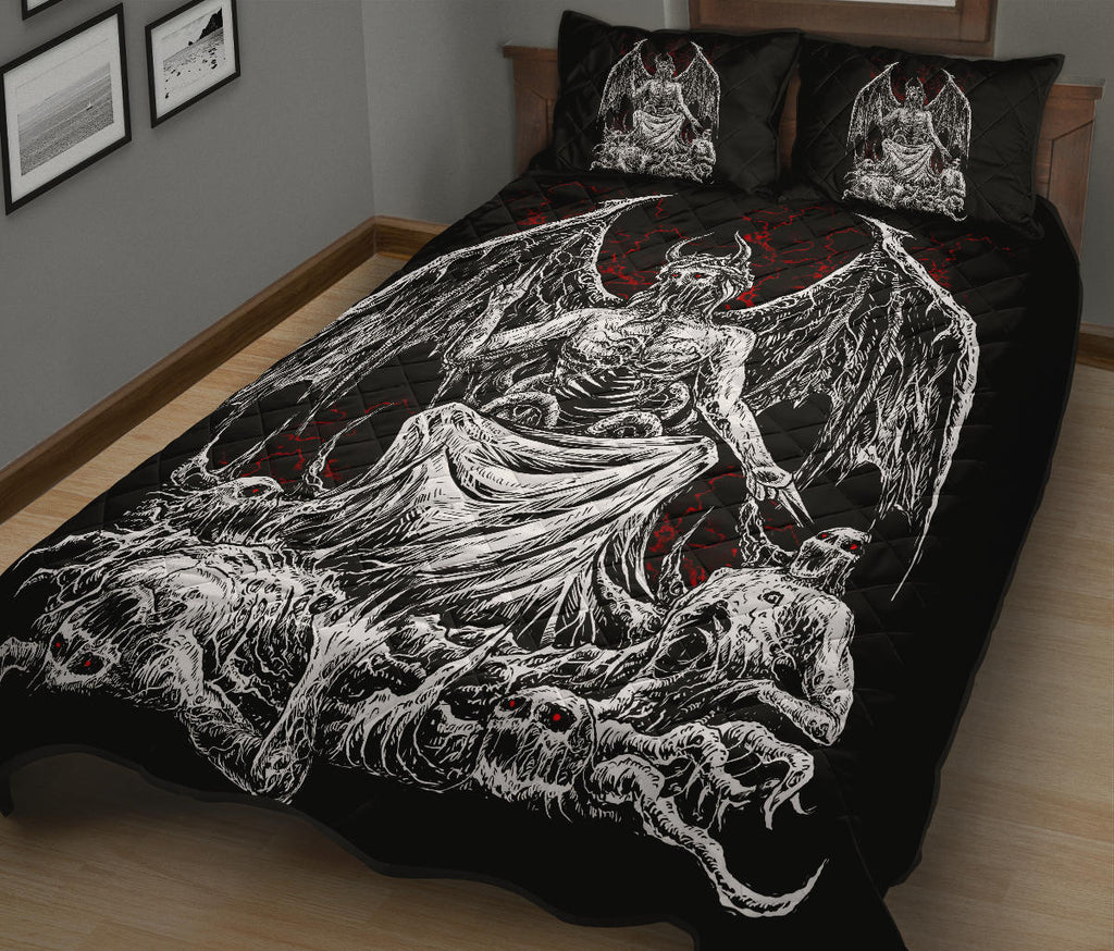 Skull Satanic Demon God Quilt 3 Piece Set Black And White Red