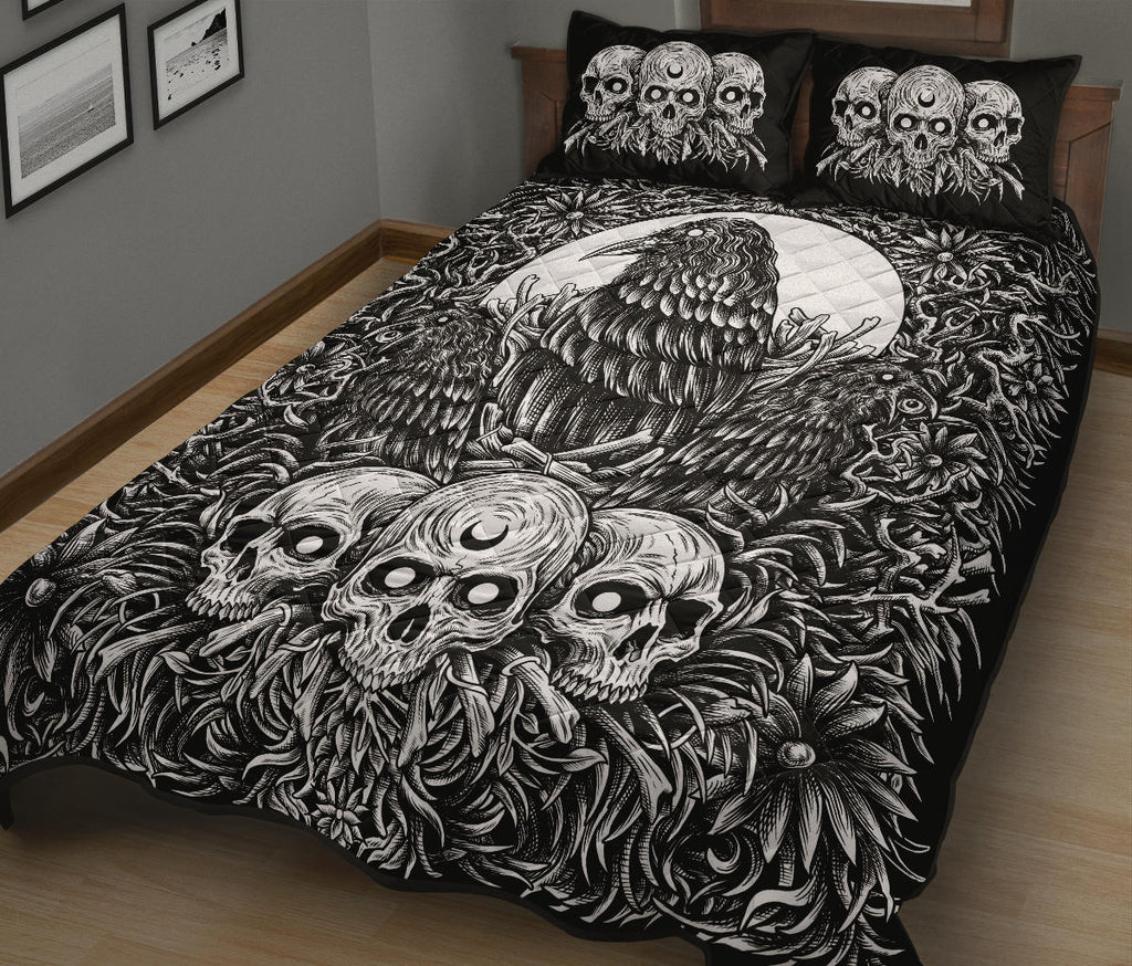 Skull Gothic Occult Crow Eye Quilt New Dark Black And White 3 Piece Set