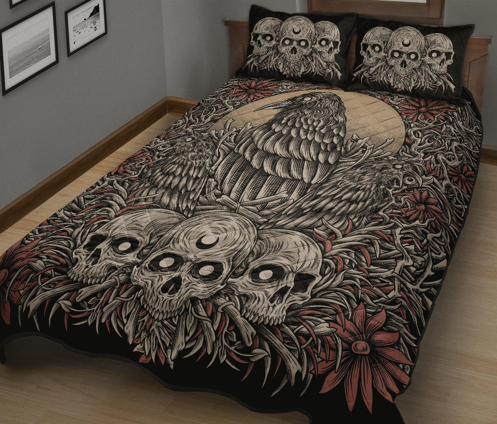 Skull Gothic Occult Crow Eye Quilt 3 Piece Set Wide Color Version