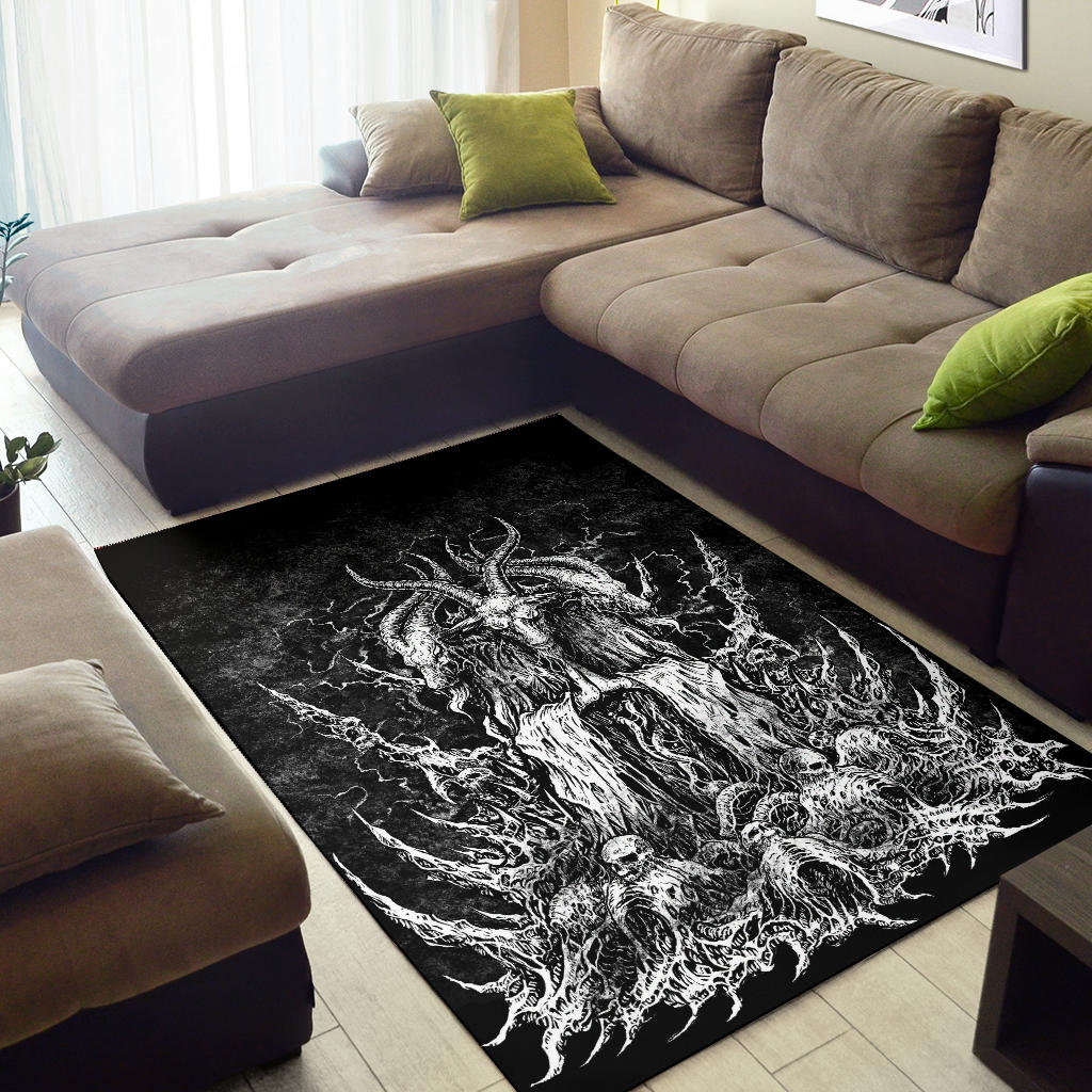 Skull Satanic Goat Original Large Print Area Rug Black And White
