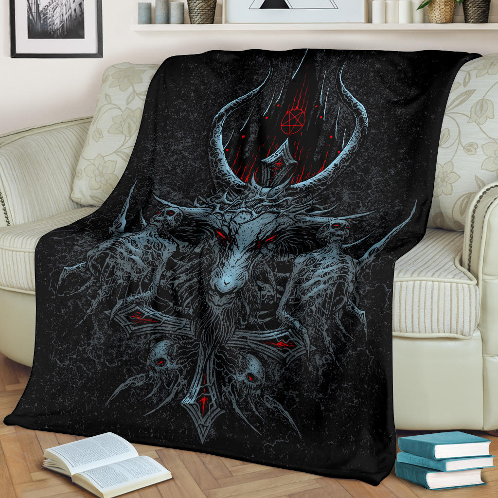 Skull Satanic Crowned Goat Satanic Cross Satanic Pentagram Night Church Part 2 Blanket Color Version