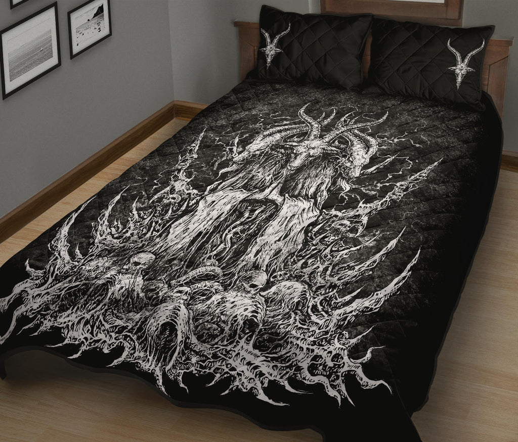 Skull Satanic Goat Quilt 3 Piece Bed Set Black And White Original Version