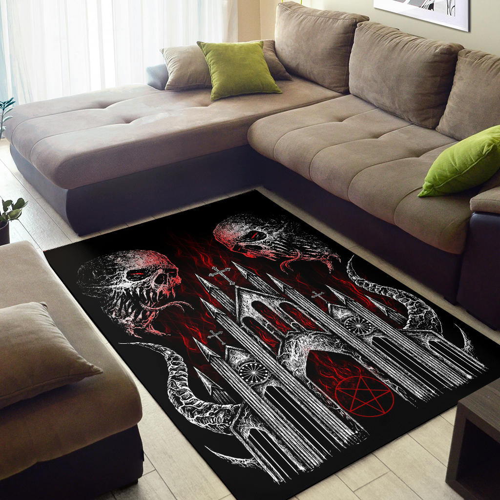 Skull Demon Satanic Pentagram Church Area Rug Black And White Red Flame Version