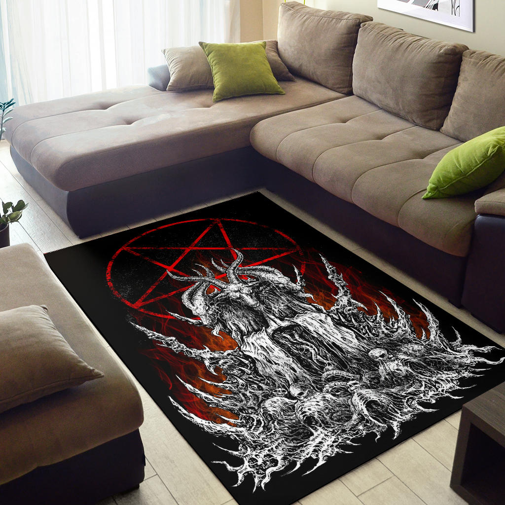 Skull Skeleton Satanic Goat Satanic Pentagram Flame Area Rug Large Flame Print Version