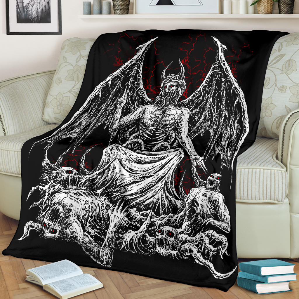 Skull Skeleton Satanic Bat Wing Demon God Blanket Black And White With Red