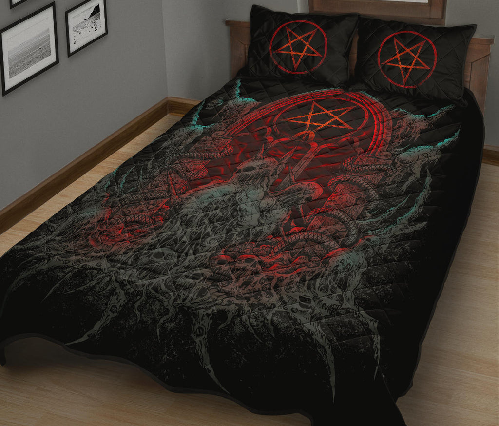 Skull Skeleton Satanic Shrine Quilt 3 Piece Bed Set Flame Color