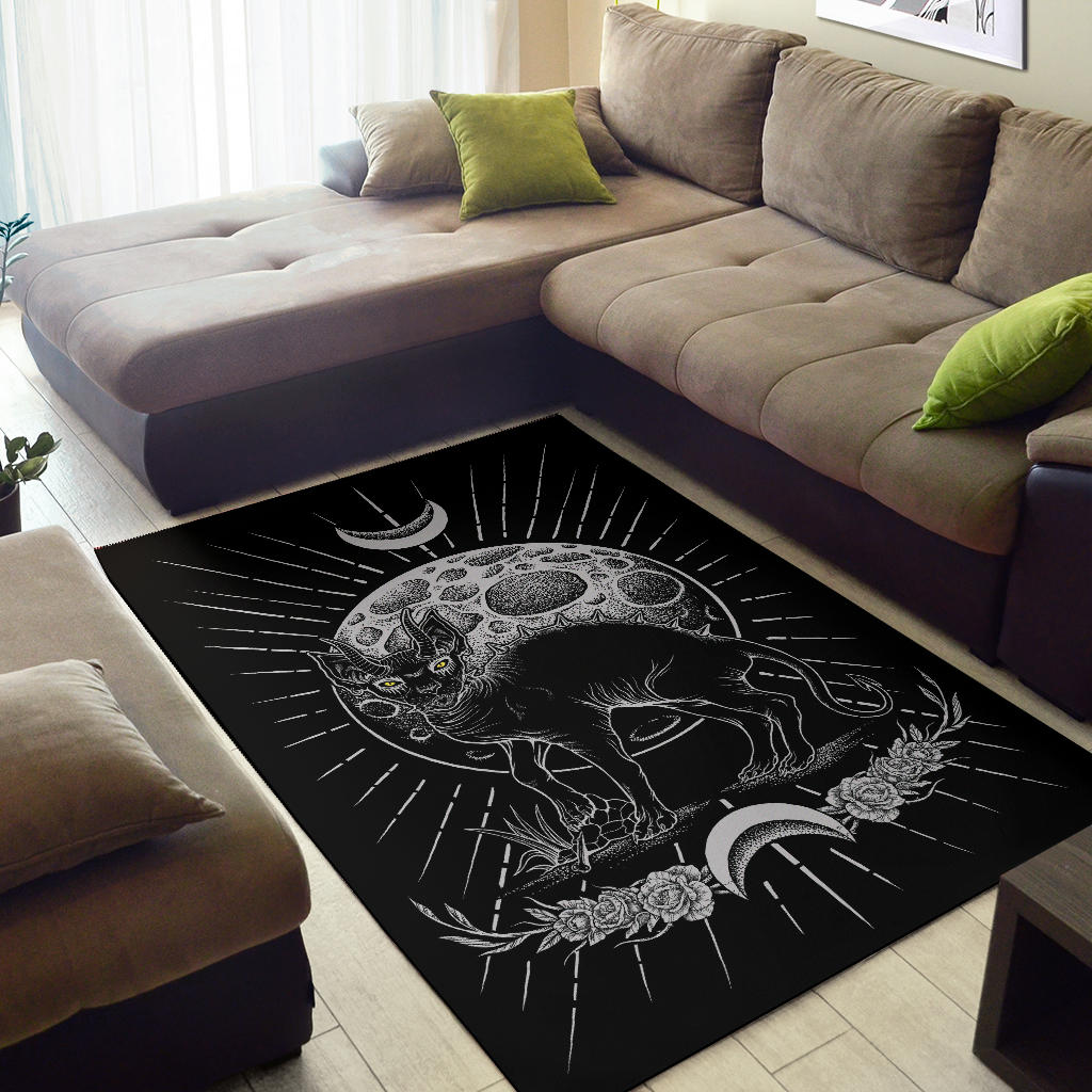 Gothic Occult Black Cat Unique Sphinx Style Area Rug Awesome Full black Cat Demonic Green Eye No Pentagram Forehead Full Moon Version