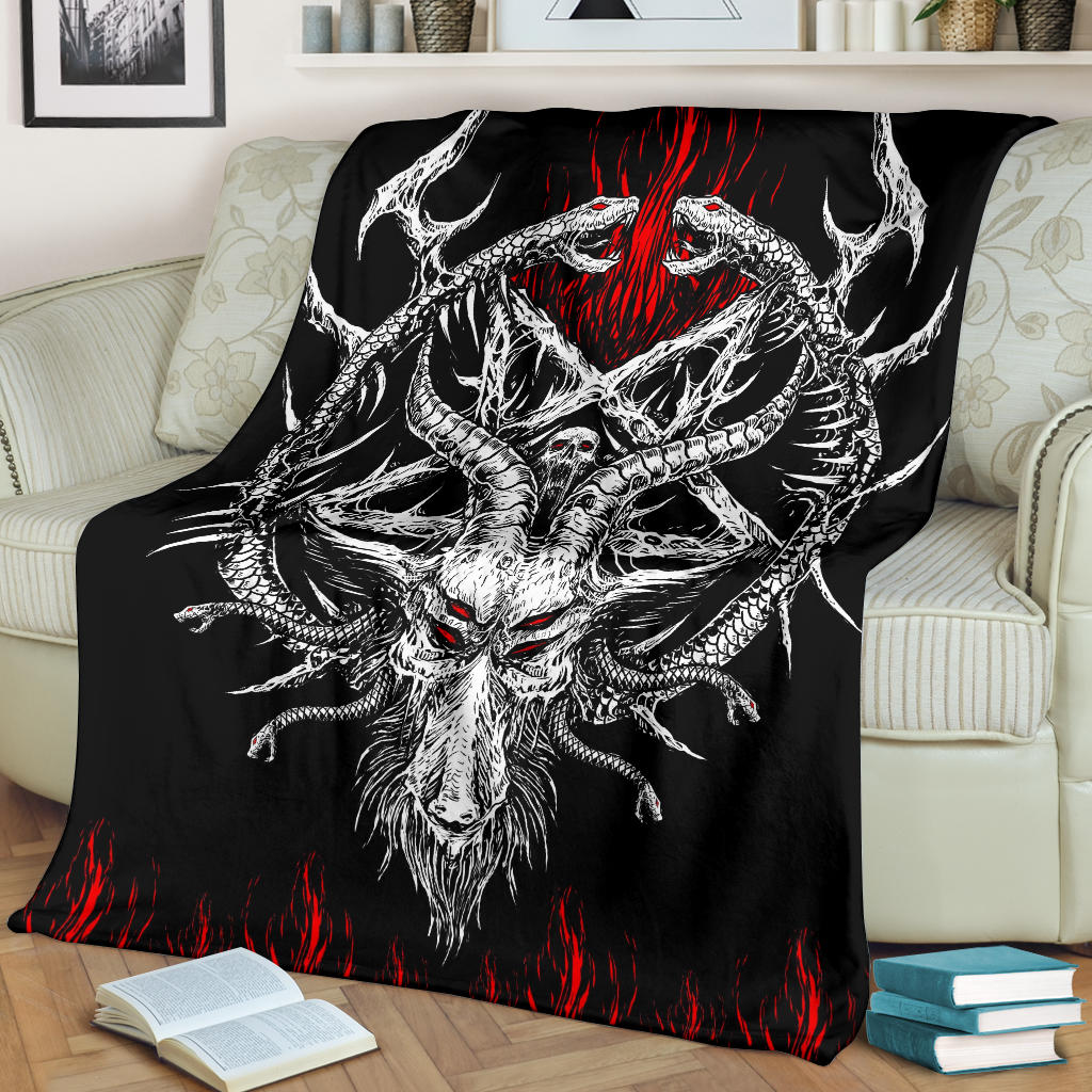 Skull Satanic Goat Satanic Pentagram Serpent Flame Blanket Black And White Red Flame