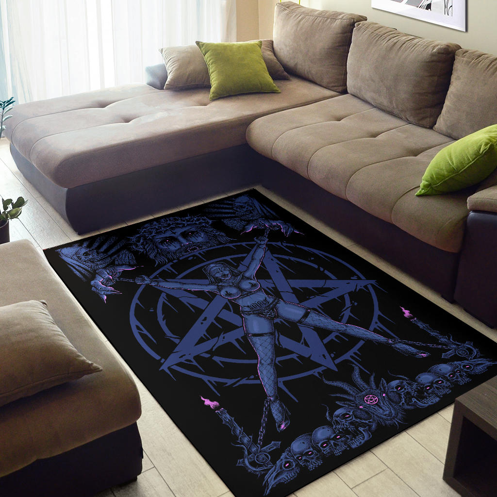 Skull Satanic Pentagram Demon Chained To Sin And Lovin It Part 2  Area Rug Sexy Blue Pink