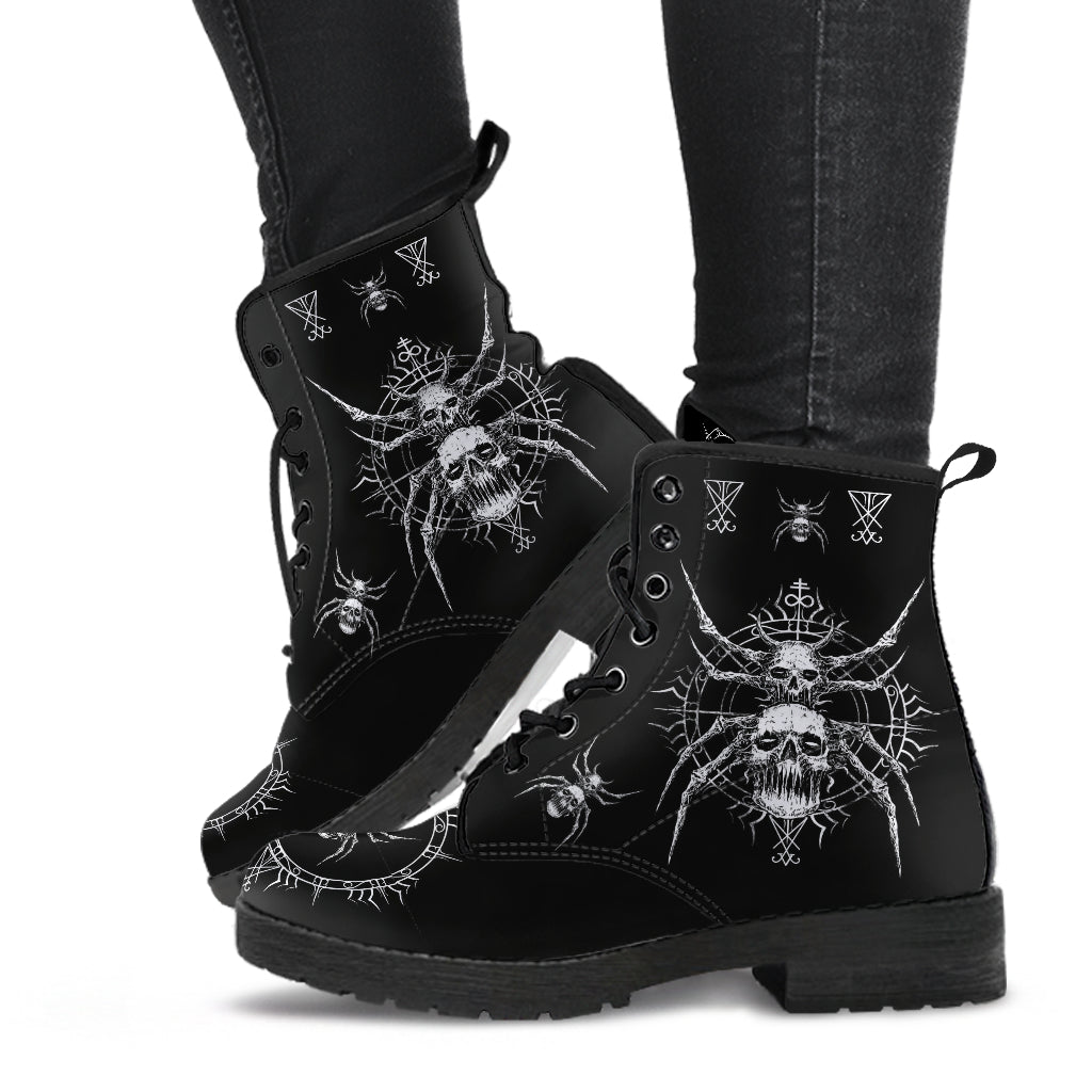 skull goth Satanic spider Leather Boots Black And White