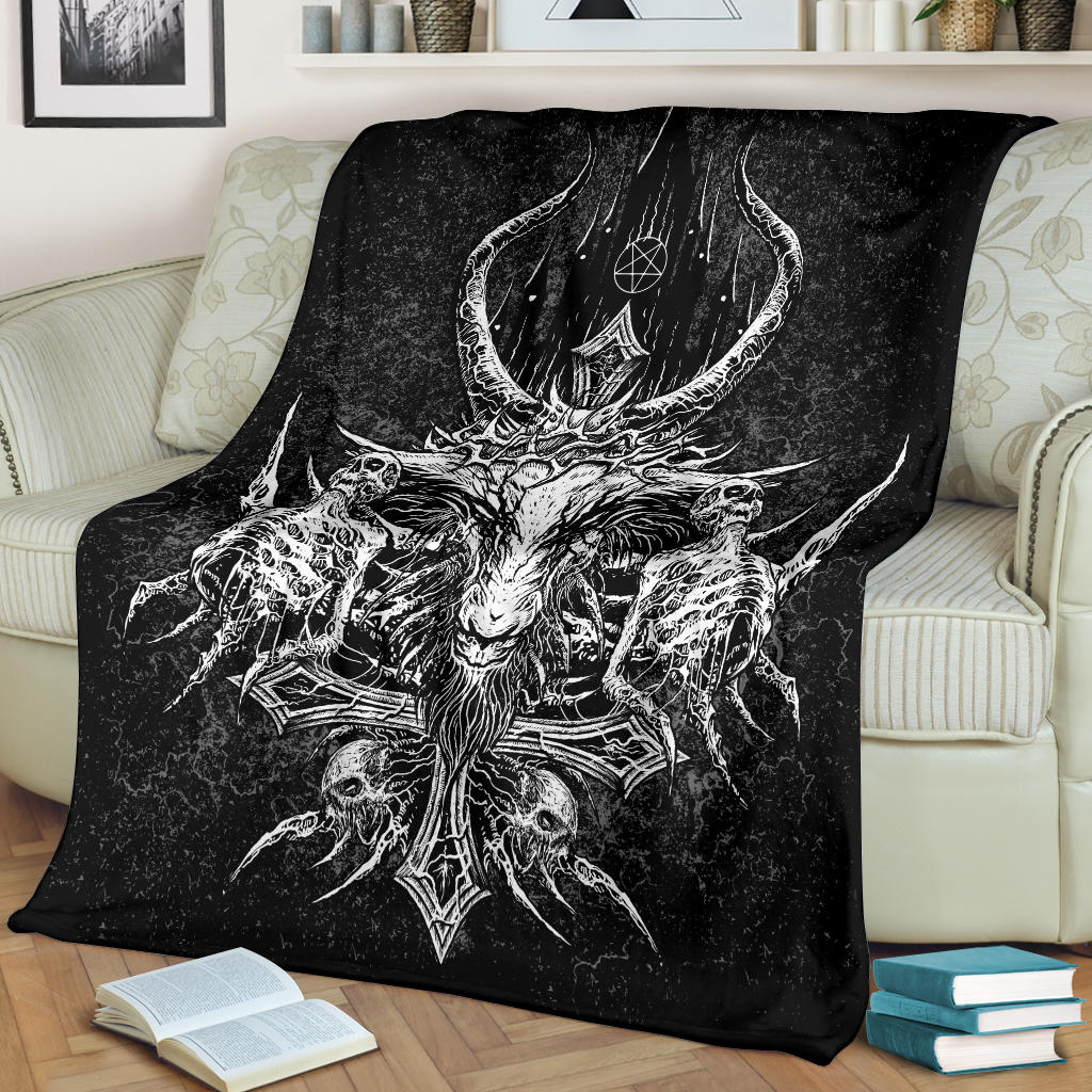 Skull Satanic Crowned Goat Satanic Cross Satanic Pentagram Night Church Part 2 Blanket Black And White
