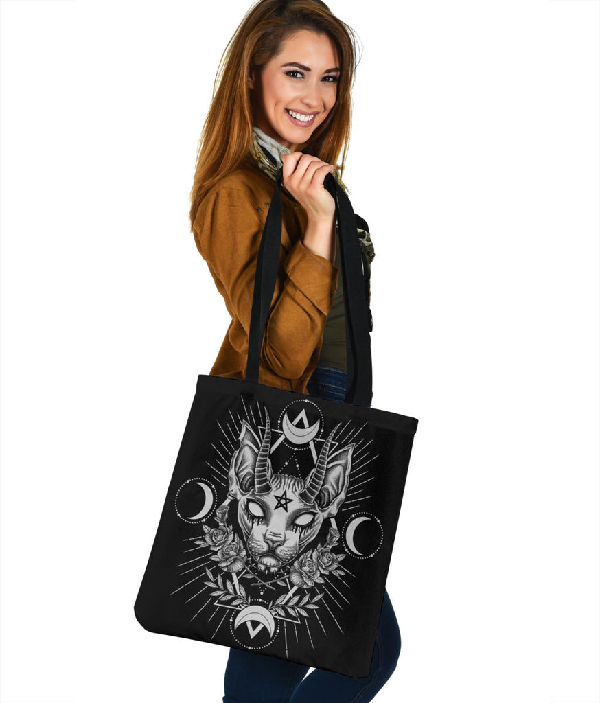 Gothic Occult Black Cat Unique Sphinx Style Large Tote Bag Awesome Demonic White Eye Version