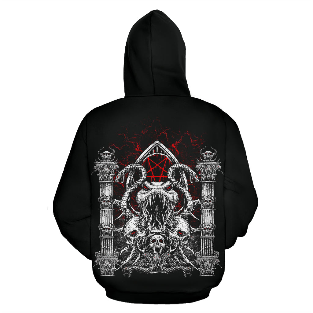 Skull Satanic Pentagram Demon Serpent Gate Hoodie Black And White Red