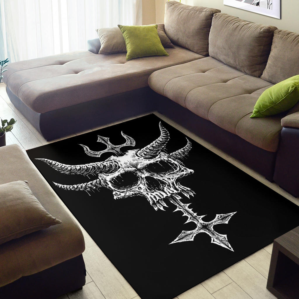 Satanic Skull Demon Horn Inverted Cross Dagger Area Rug – blended extreme