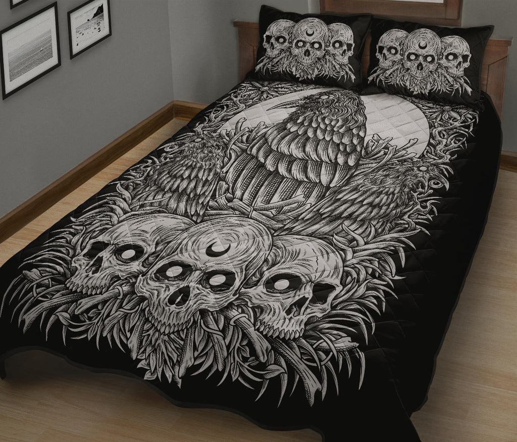 Skull Gothic Occult Crow Quilt 3 Piece Bed Set Black And White Version