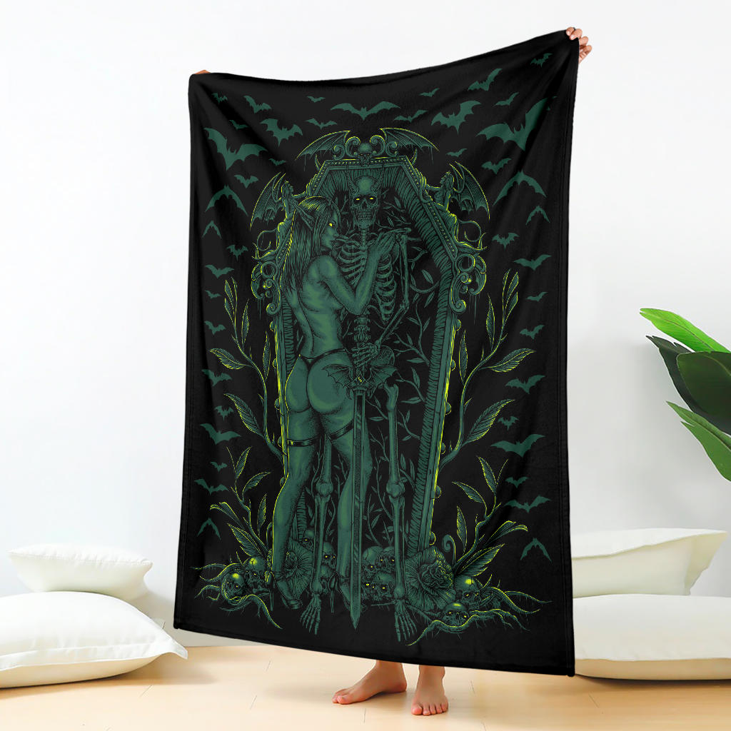 Bat Skull Bat Wing Erotic Demonic Skeleton Coffin Shrine Blanket Awesome Glowing Green
