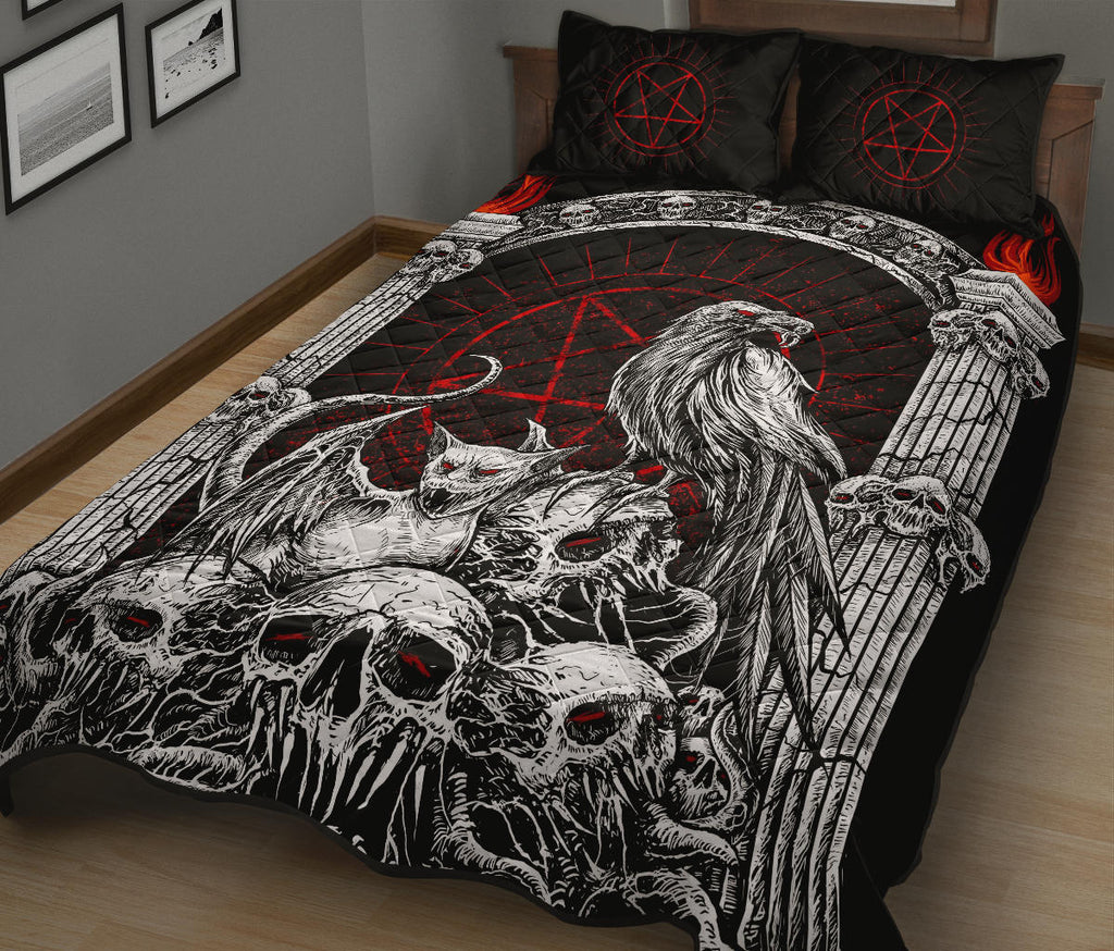 Skull Goth Occult Pentagram Batwing Demon Cat Quilt 3 Piece Set Black And White With Red