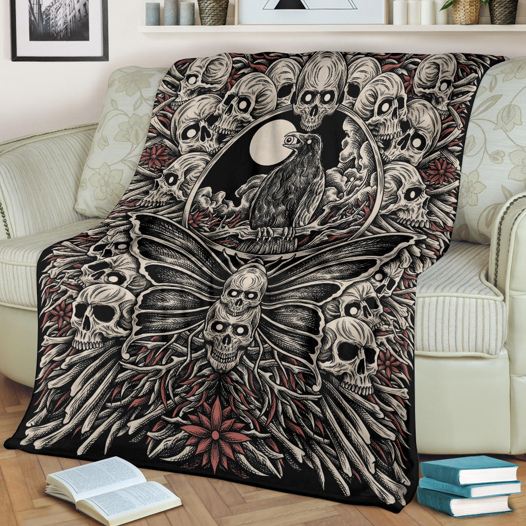 Skull Occult Raven Crow Moth Blanket Color Version