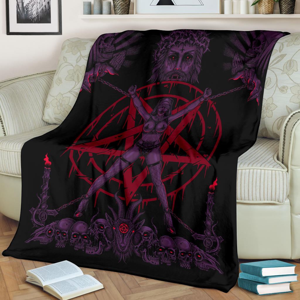 Skull Satanic Pentagram Demon Chained To Sin And Lovin It Part 2 - Blanket Awesome Glowing Purple