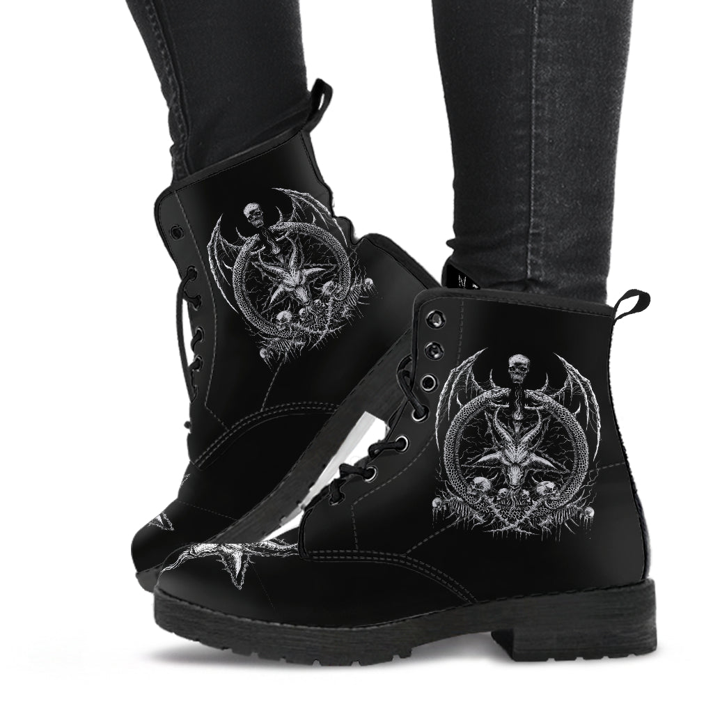 Skull Demon Satanic Goat Satanic Pentagram Serpent Leather Boots Black And White