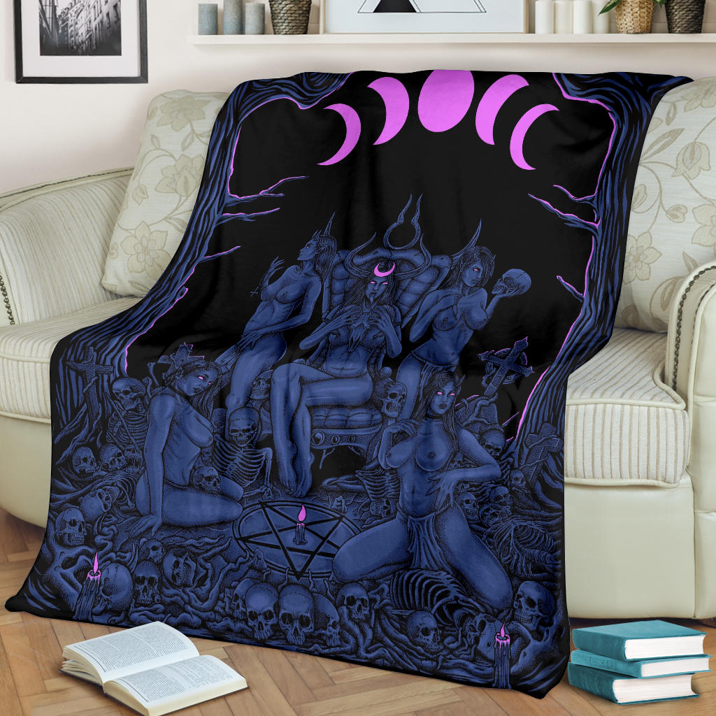 Skull Demon Satanic Pentagram Sexy Witch Throne Blanket Sexy Blue Pink
