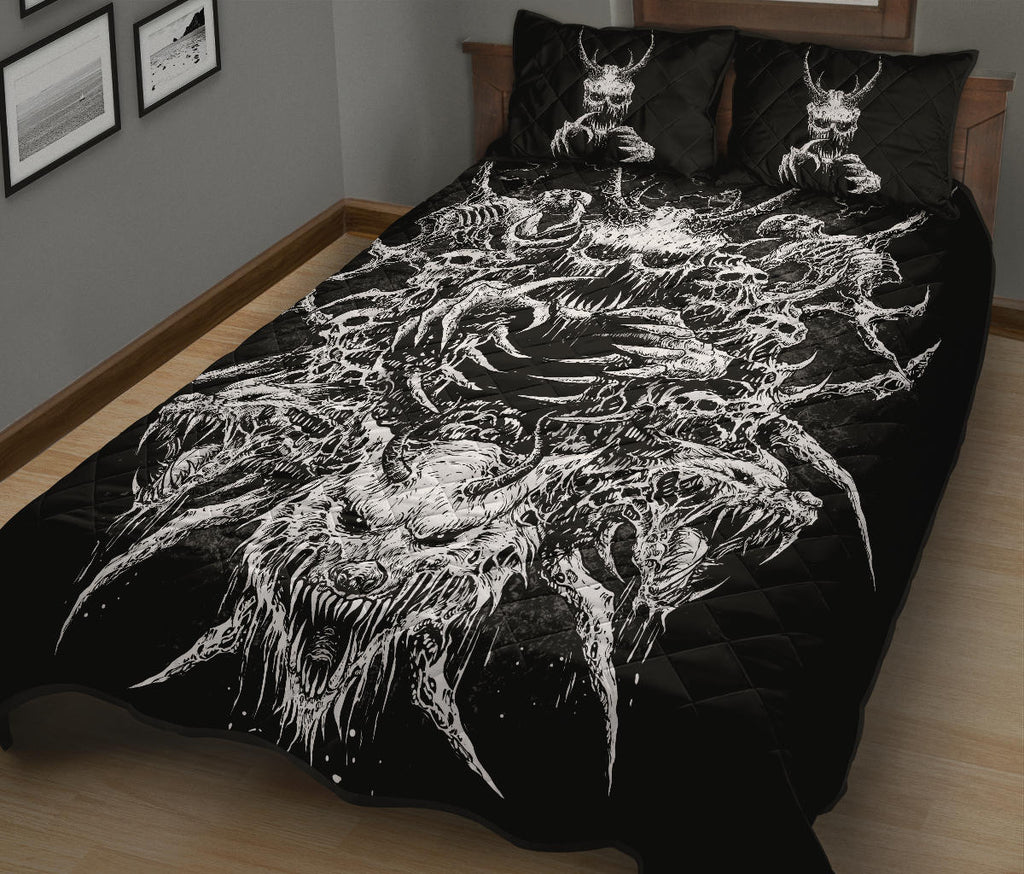 Skull Demon Wolf Quilt 3 Piece Bed Set Black And White Version