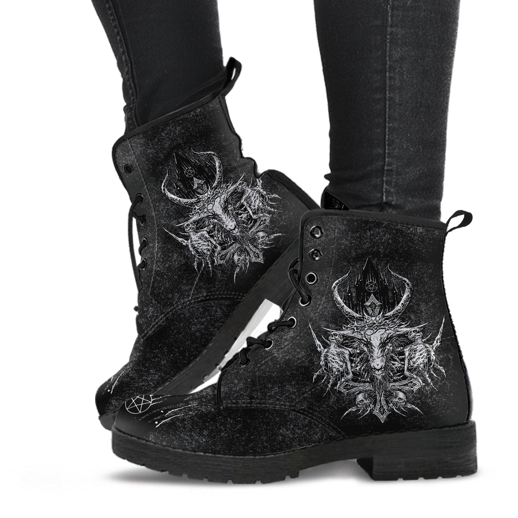 Skull Skeleton Demon Satanic Crowned Goat Satanic Cross Satanic Pentagram Night Church Part 2-Leather Boots