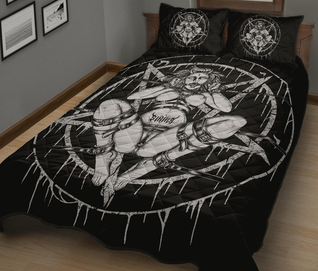 Demon Satanic Pentagram Chained To Sin And Lovin It 3 Piece Quilt Set Oversized Pentagram Version-
